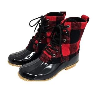 G.H. Bass Duck Boots Womens Sz 8 Harlequin Plaid Faux‎ Fur Lined Waterproof Lace
